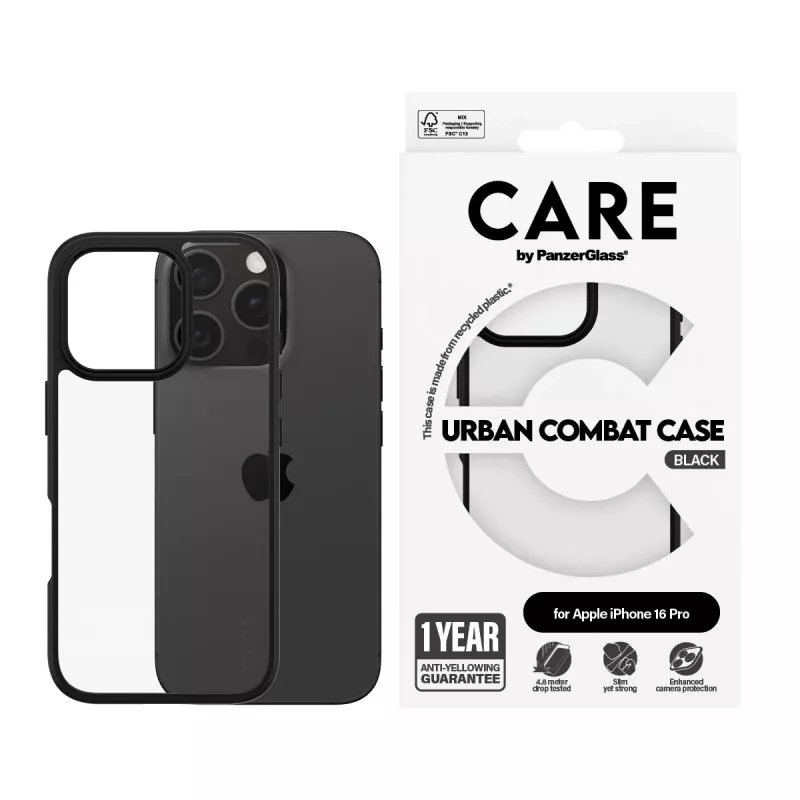PanzerGlass CARE™ by ® Urban Combat puzdro transparentné s čiernym rámom pre iPhone 16 Pro