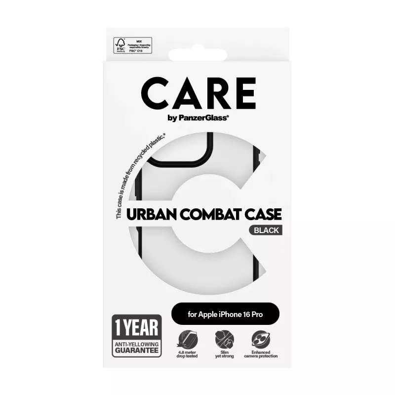PanzerGlass CARE™ by ® Urban Combat puzdro transparentné s čiernym rámom pre iPhone 16 Pro