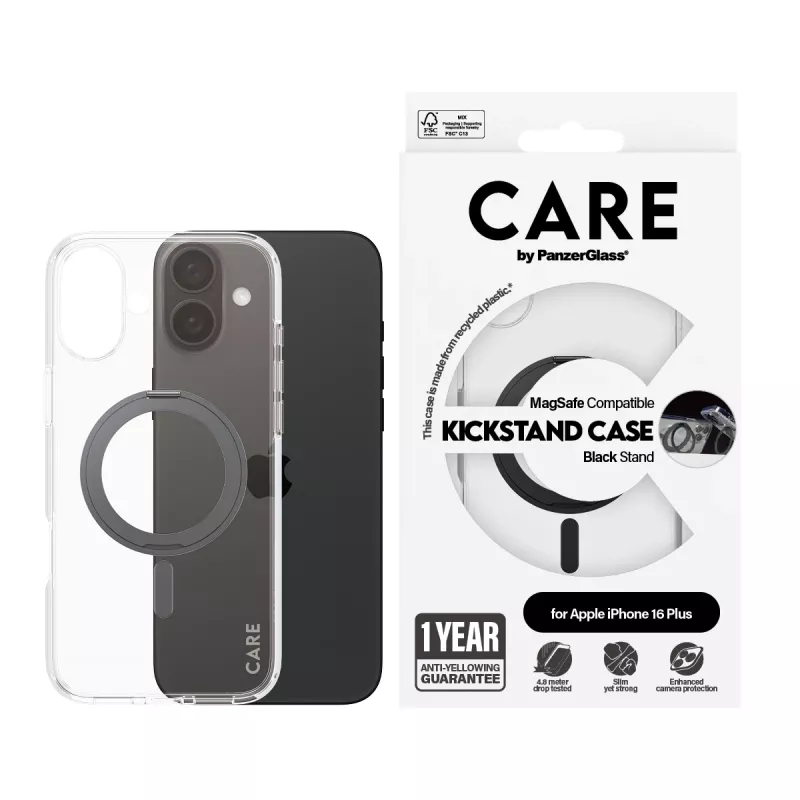 PanzerGlass CARE™ by ® Case transparentný s čiernym stojanom & MagSafe iPhone 16 Plus