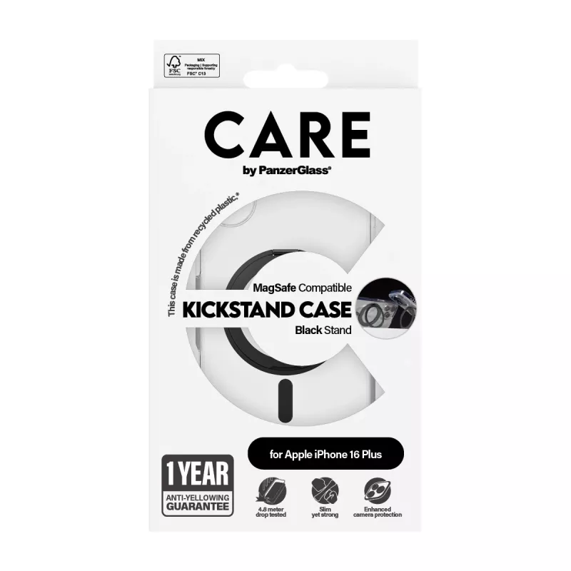 PanzerGlass CARE™ by ® Case transparentný s čiernym stojanom & MagSafe iPhone 16 Plus