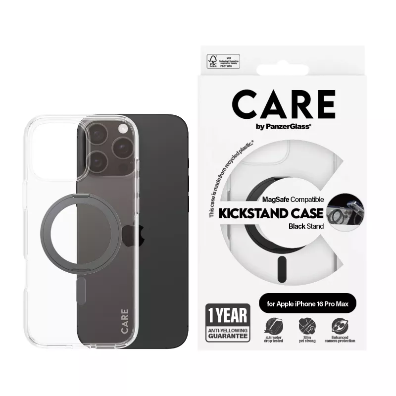 PanzerGlass CARE™ by ® puzdro transparentné s čiernym stojanom a MagSafe pre iPhone 16 Pro Max