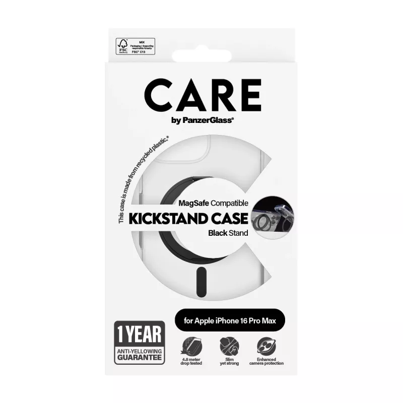 PanzerGlass CARE™ by ® puzdro transparentné s čiernym stojanom a MagSafe pre iPhone 16 Pro Max