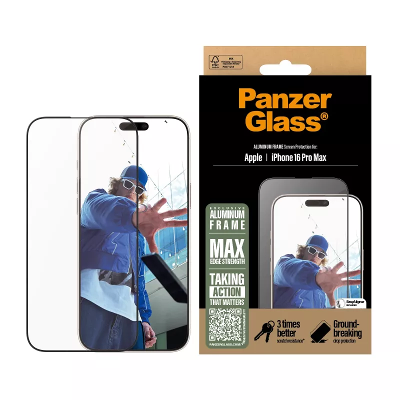 PanzerGlass® ochranná fólia displeja hliníkový rám iPhone 16 Pro Max | Ultra-Wide Fit
