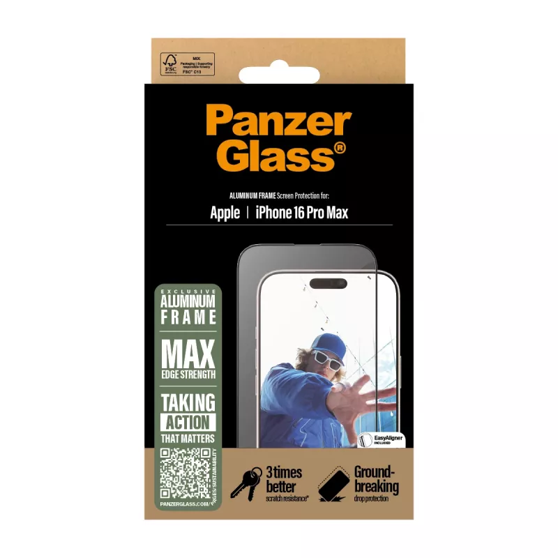 PanzerGlass® ochranná fólia displeja hliníkový rám iPhone 16 Pro Max | Ultra-Wide Fit