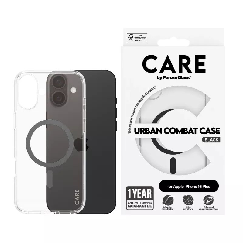 PanzerGlass CARE™ by ® Urban Combat puzdro transparentné s čiernym MagSafe iPhone 16 Plus