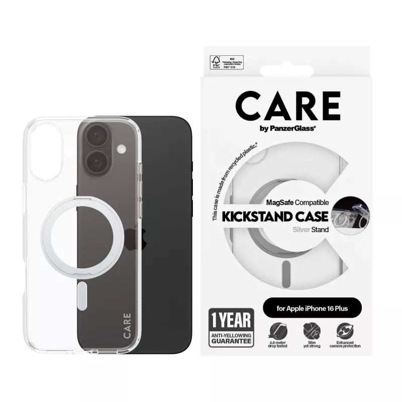 PanzerGlass CARE™ by ® transparentné puzdro so strieborným stojanom a MagSafe iPhone 16 Plus