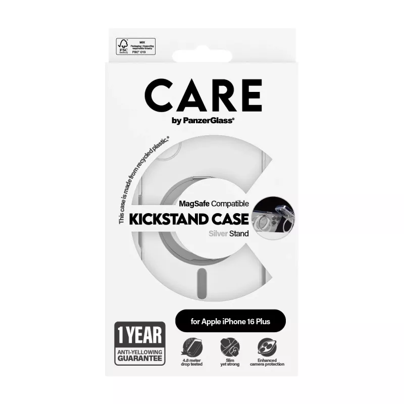 PanzerGlass CARE™ by ® transparentné puzdro so strieborným stojanom a MagSafe iPhone 16 Plus