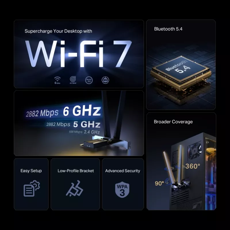 TP-Link BE6500 interná WLAN/Bluetooth 2880 Mbit/s Tri-band Wi-Fi 7
