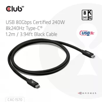 USB Type-C kábel CLUB3D CAC-1570 1,2m — 80Gbps, 240W, podporuje 8K@240Hz, čierny