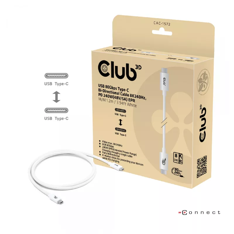 Club3D CAC-1572 certifikovaný kábel USB 80 Gbps, USB-C na USB-C, 240 W PD, 8K240Hz, 1,2 m, biely