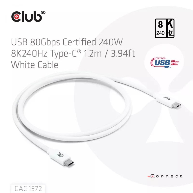 Club3D CAC-1572 certifikovaný kábel USB 80 Gbps, USB-C na USB-C, 240 W PD, 8K240Hz, 1,2 m, biely
