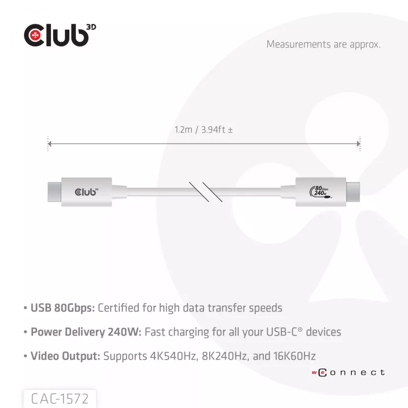 Club3D CAC-1572 certifikovaný kábel USB 80 Gbps, USB-C na USB-C, 240 W PD, 8K240Hz, 1,2 m, biely