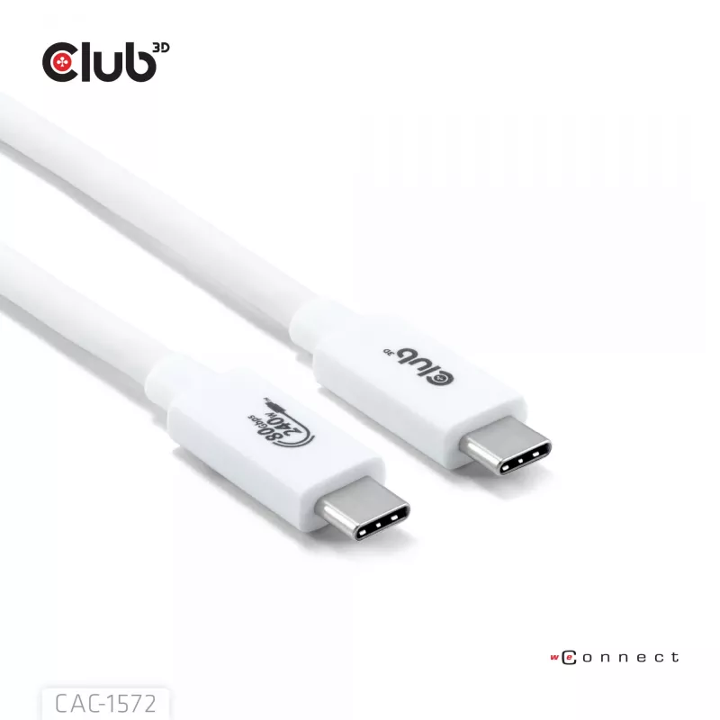 Club3D CAC-1572 certifikovaný kábel USB 80 Gbps, USB-C na USB-C, 240 W PD, 8K240Hz, 1,2 m, biely
