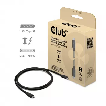 CLUB3D Thunderbolt™ 5 certifikovaný kábel 8K240Hz dáta 80/120 Gbps EPR 240 Watt M/M 1m / 3,28ft