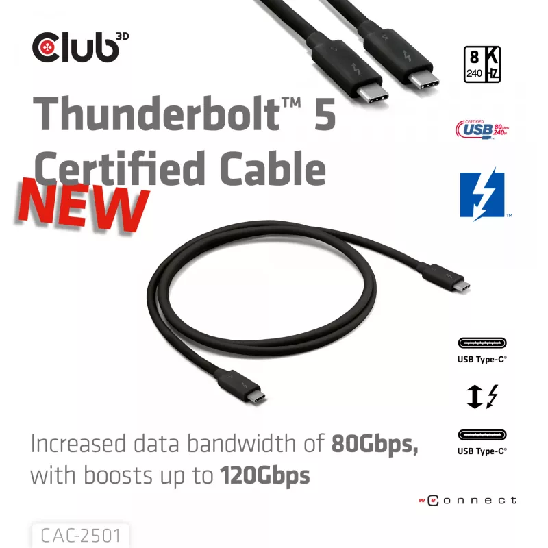 CLUB3D Thunderbolt™ 5 certifikovaný kábel 8K240Hz dáta 80/120 Gbps EPR 240 Watt M/M 1m / 3,28ft