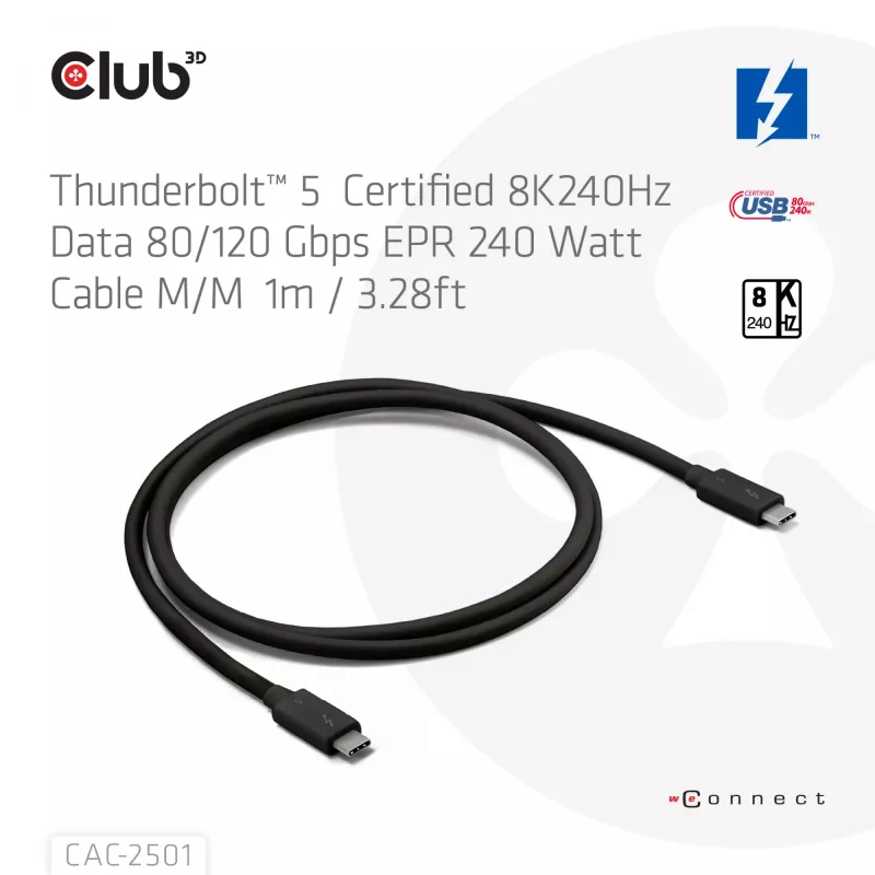 CLUB3D Thunderbolt™ 5 certifikovaný kábel 8K240Hz dáta 80/120 Gbps EPR 240 Watt M/M 1m / 3,28ft