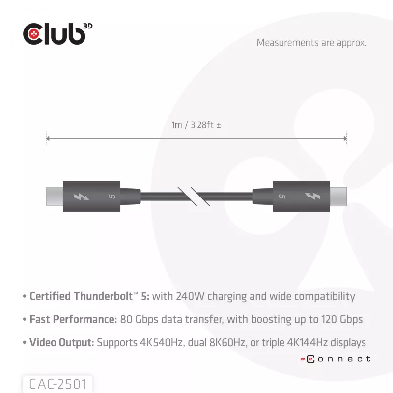 CLUB3D Thunderbolt™ 5 certifikovaný kábel 8K240Hz dáta 80/120 Gbps EPR 240 Watt M/M 1m / 3,28ft