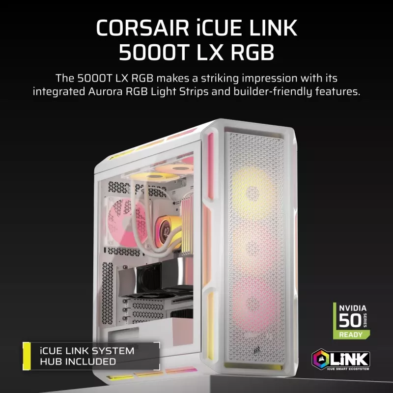 CORSAIR PC skriňa - 5000T LX RGB Midi-Tower (tempered Glass) biela