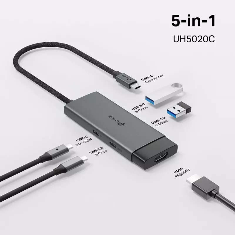 TP-Link UH5020C USB-C rozbočovač, 5 portov, HDMI 4K@60Hz, 100 W Power Delivery, 1x USB-C, 2x USB-A, 5 Gbps, hliník, sivý