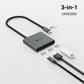USB Type-C hub TP-Link UH3020C — 3-portový (HDMI, USB-A, USB-C), 5 Gbit/s, HDMI 4K@60Hz, PD do 100W, hliník, 0,18 m kábel