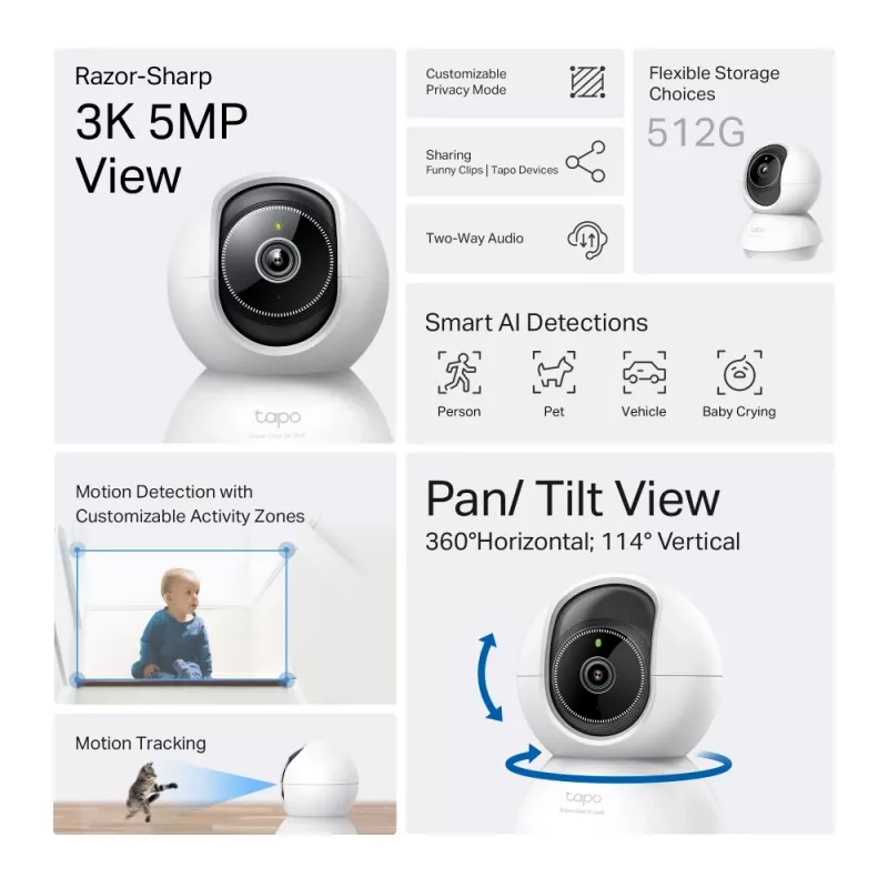 TP-Link Tapo Pan/Tilt AI Home Security Wi-Fi kamera SPEC: 3K 5MP (2880×1620), 2.4 GHz, horizontálne 360º