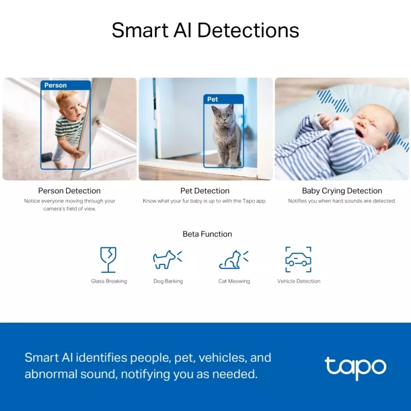 TP-Link Tapo Pan/Tilt AI Home Security Wi-Fi kamera SPEC: 3K 5MP (2880×1620), 2.4 GHz, horizontálne 360º