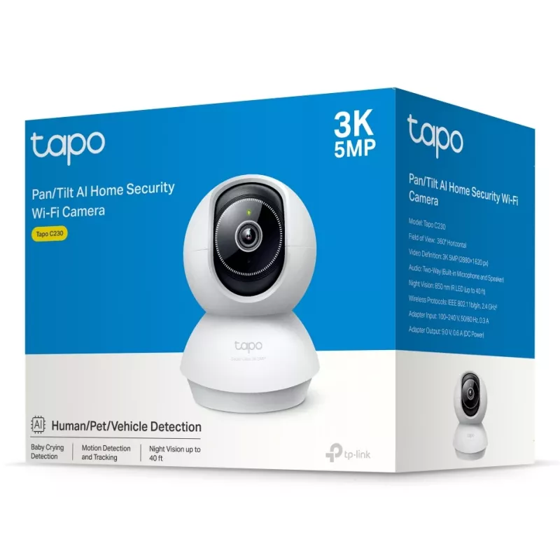 TP-Link Tapo Pan/Tilt AI Home Security Wi-Fi kamera SPEC: 3K 5MP (2880×1620), 2.4 GHz, horizontálne 360º