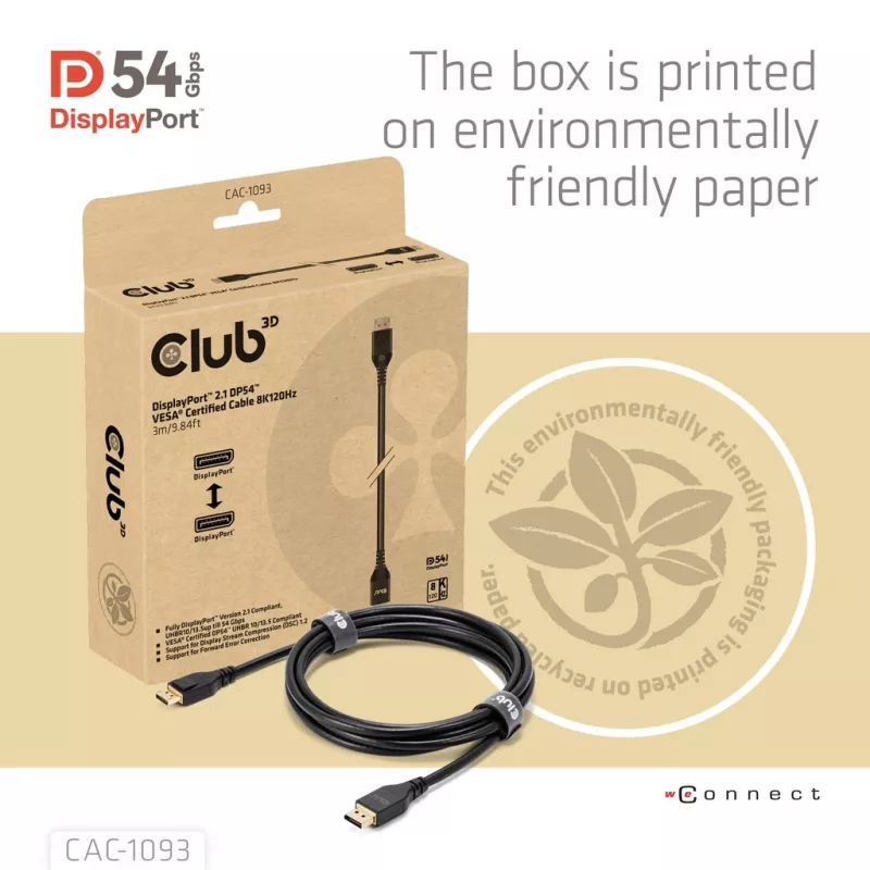 CLUB3D DisplayPort™ 2.1 DP54™ VESA® certifikovaný kábel 8K120Hz 3m/ 9.84ft