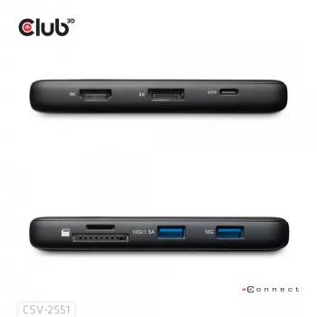 CLUB3D 8-1 prenosný dock USB Type-C® 10Gbps na HDMI™ a DisplayPort™ 8K30Hz PD max. 100Watt