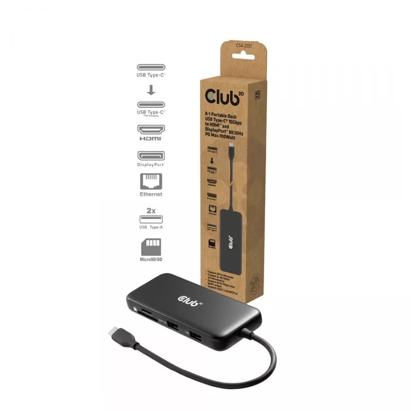 CLUB3D 8-1 prenosný dock USB Type-C® 10Gbps na HDMI™ a DisplayPort™ 8K30Hz PD max. 100Watt