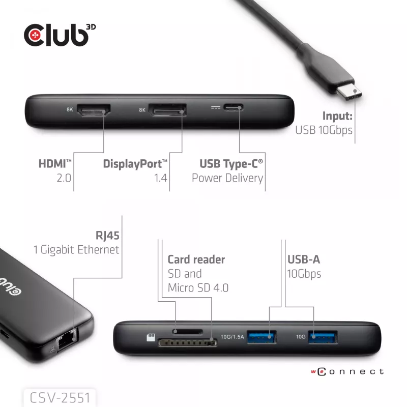 CLUB3D 8-1 prenosný dock USB Type-C® 10Gbps na HDMI™ a DisplayPort™ 8K30Hz PD max. 100Watt