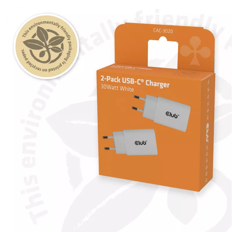 USB‑C nabíjačka 2 balenie CLUB3D CAC-3020, 30 W celkom, biela
