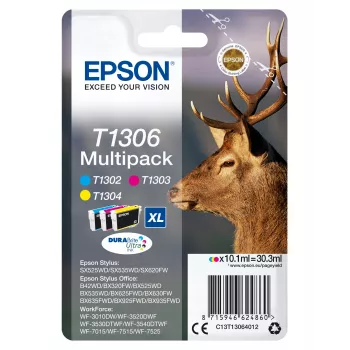 Epson Stag Multipack 3-farebný T1306 DURABrite Ultra atrament, vysoký (XL) výnos, azúrová, purpurová, žltá, pigmentový atrament, 10,1 ml, 1 ks, viacnásobné balenie