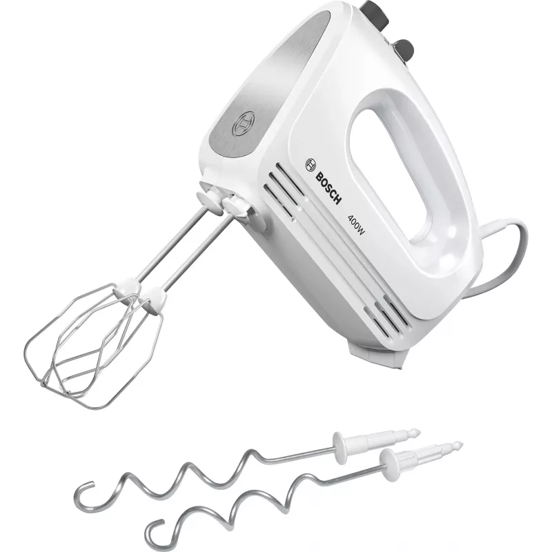 Ručný mixér Bosch MFQ24200 — 400 W, 4 rýchlosti, Turbo, brúsená oceľ/biela