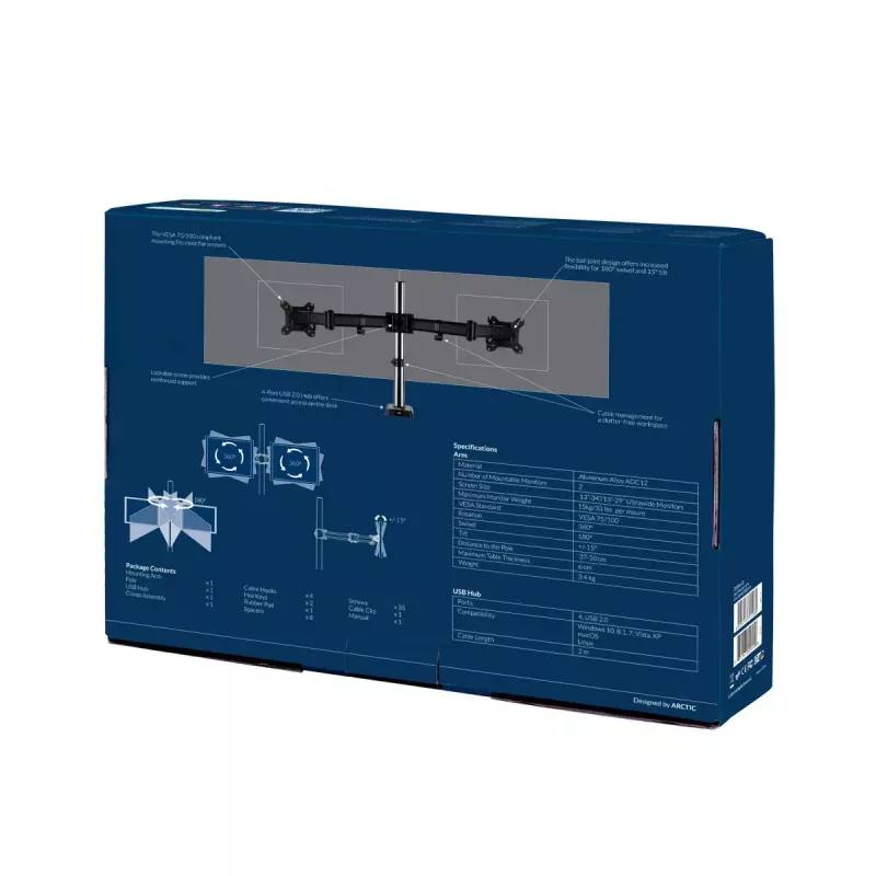 ARCTIC Z2 (Gen 3) - dvojitý držiak na monitory s USB hubom