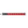 DIGITUS 1U hliníkový PDU, montovateľný do racku, 10A konektor samec, 250VAC 50/60Hz, 8x červená zásuvka CEE 7/7 istená, konektor samec IEC C14