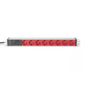 DIGITUS 1U hliníkový PDU, montovateľný do racku, 10A konektor samec, 250VAC 50/60Hz, 8x červená zásuvka CEE 7/7 istená, konektor samec IEC C14