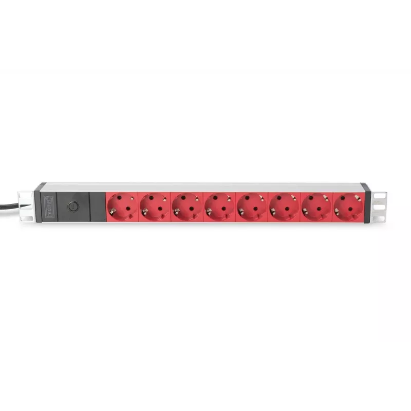DIGITUS 1U hliníkový PDU, montovateľný do racku, 10A konektor samec, 250VAC 50/60Hz, 8x červená zásuvka CEE 7/7 istená, konektor samec IEC C14