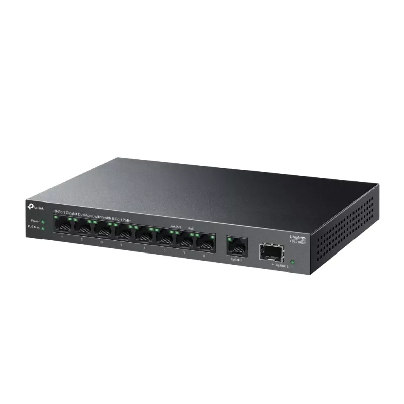 Neupravovaný switch TP-LINK LS1210GP 10-port Gigabit, 8× PoE+ (61 W celkom), 1× SFP, 9× RJ‑45 Gigabit