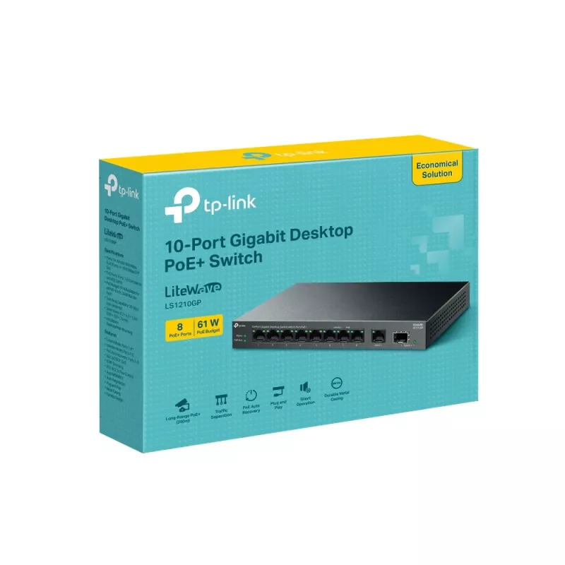 Neupravovaný switch TP-LINK LS1210GP 10-port Gigabit, 8× PoE+ (61 W celkom), 1× SFP, 9× RJ‑45 Gigabit