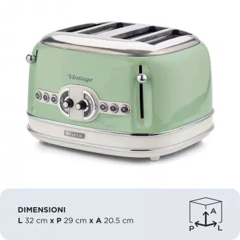 Ariete 156 4-slotový vintage hriankovač, 1600 Watt, 6 stupňov zhnednutia, lakovaná nerez v pastelovo zelenej, bez sendvičových košíkov. zelená