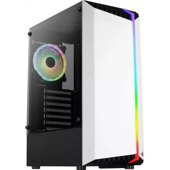 PC skriňa AEROCOOL Bionic Midi Tower biela — ATX, temperované sklo, 2x3,5-palcové pozície, 6x2,5-palcové, 297 mm GPU, modrá LED