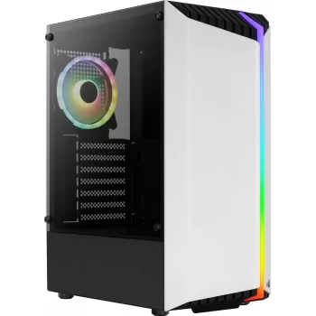 PC skriňa AEROCOOL Bionic Midi Tower biela — ATX, temperované sklo, 2x3,5-palcové pozície, 6x2,5-palcové, 297 mm GPU, modrá LED