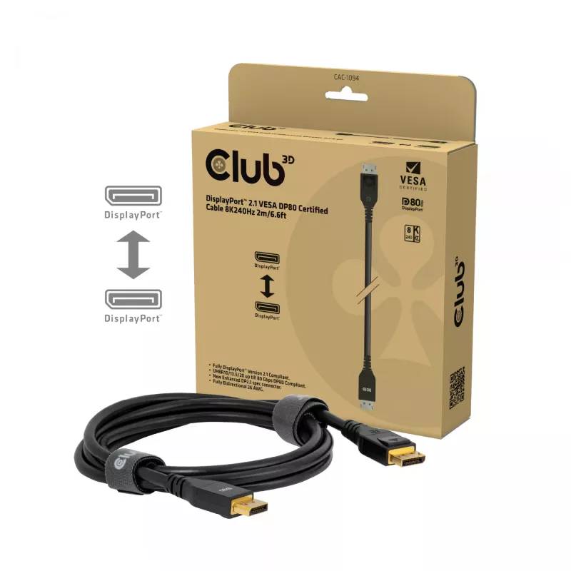 Club 3D CAC-1094 kábel DisplayPort 2.1 certifikovaný VESA DP80 8K 240 Hz, 2 m (6,56 ft), čierny