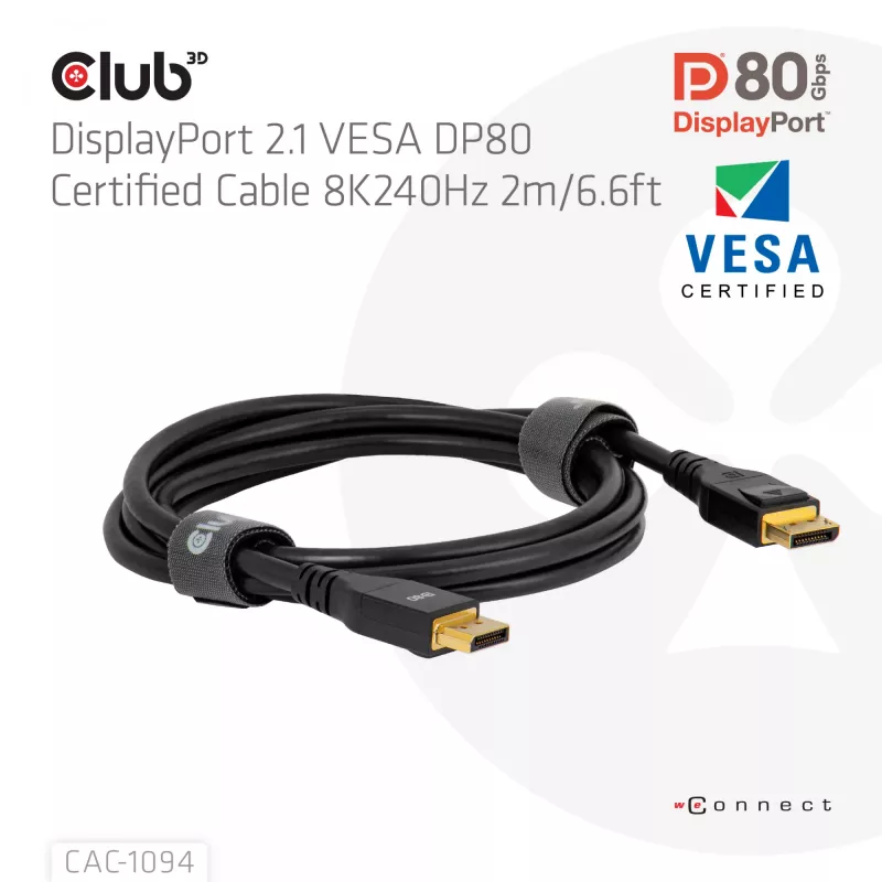 Club 3D CAC-1094 kábel DisplayPort 2.1 certifikovaný VESA DP80 8K 240 Hz, 2 m (6,56 ft), čierny