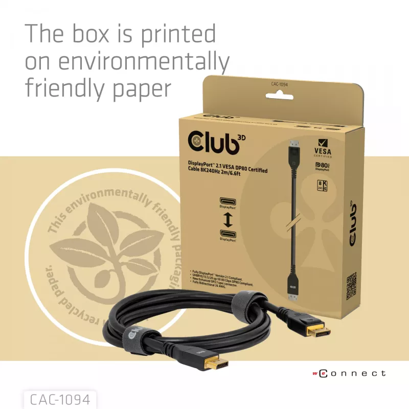 Club 3D CAC-1094 kábel DisplayPort 2.1 certifikovaný VESA DP80 8K 240 Hz, 2 m (6,56 ft), čierny