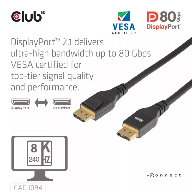 Club 3D CAC-1094 kábel DisplayPort 2.1 certifikovaný VESA DP80 8K 240 Hz, 2 m (6,56 ft), čierny