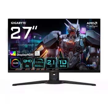 GIGABYTE AORUS FO27Q5P OLED QHD herný monitor – 2560 x 1440, 500 Hz, 0,03 ms, KVM, 300 cd/m², FreeSync Premium Pro, DisplayHDR True Black 500, DisplayPort 2.1