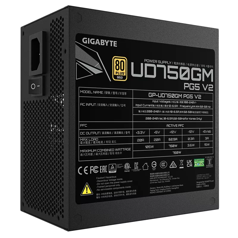 GIGABYTE UD750GM PG5 V2 napájací zdroj – PCIe Gen 5.1, 80 PLUS Gold, plne modulárna konštrukcia, 120 mm ventilátor, ATX 3.1 kompatibilný, EU konektor