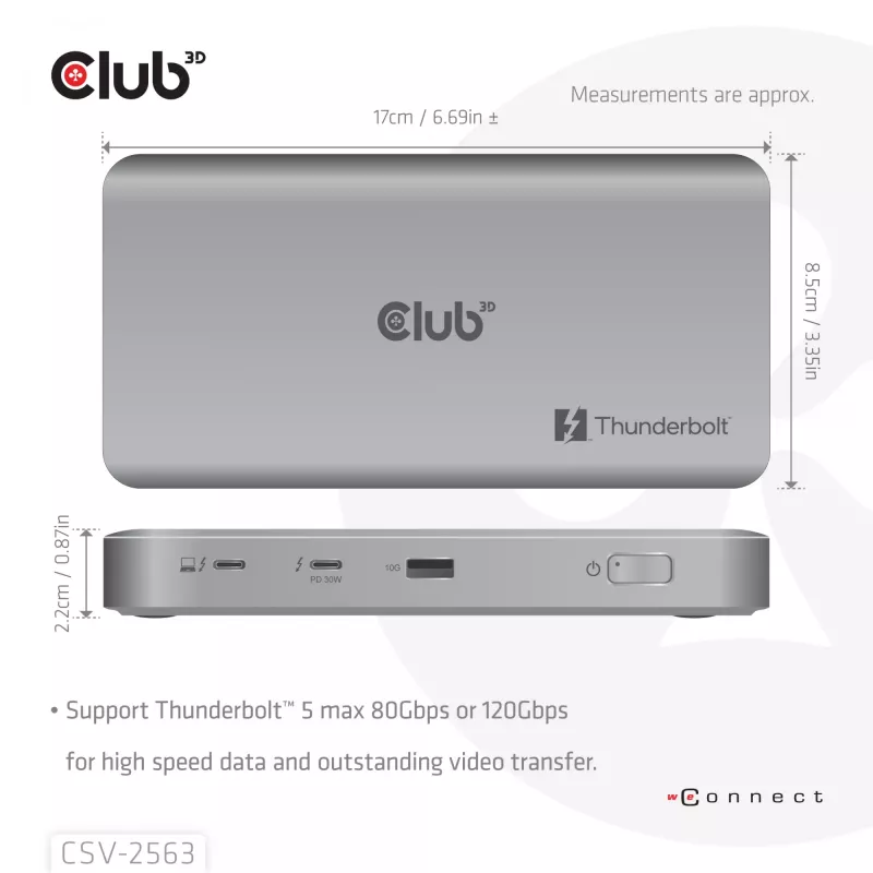 CLUB3D CSV-2563 5-1 Thunderbolt™ 5 hub Triple video 5K60Hz Thunderbolt™ Share certifikovaný 180 W